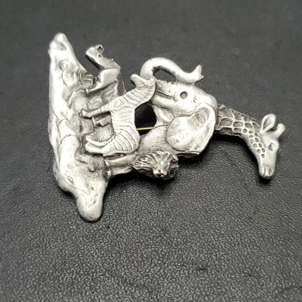 NRJG vintage giraffe zebra lion brooch silver tone